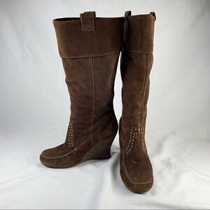 Sam Edelman Alabama Suede Brown Studded Knee High Wedge Boots 7.5